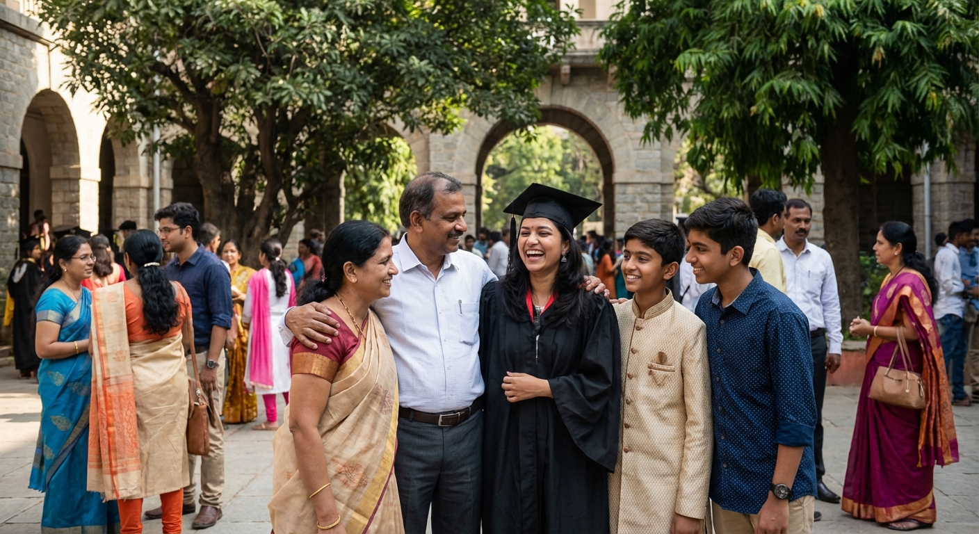 Student graduating with family
