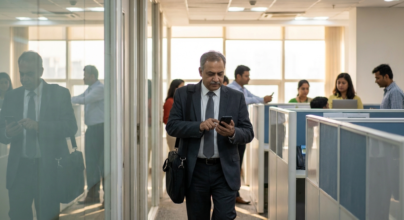 A busy Indian professional rushing through a crowded office corridor