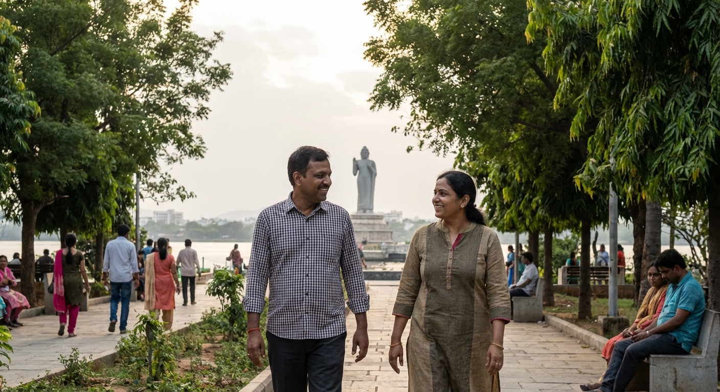 Two Indian friends walking together in Lumbini Park Hyderabad