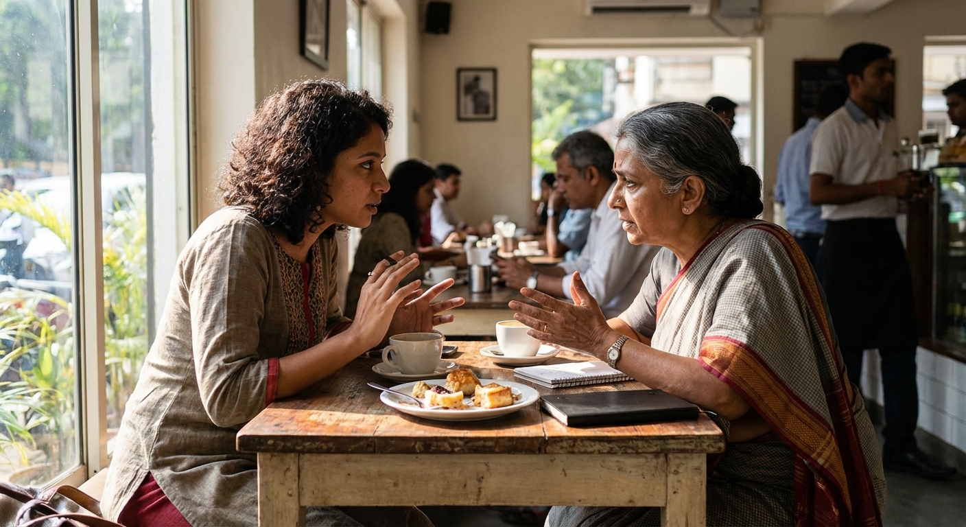 Two Indian women having an intimate conversation at a cafe