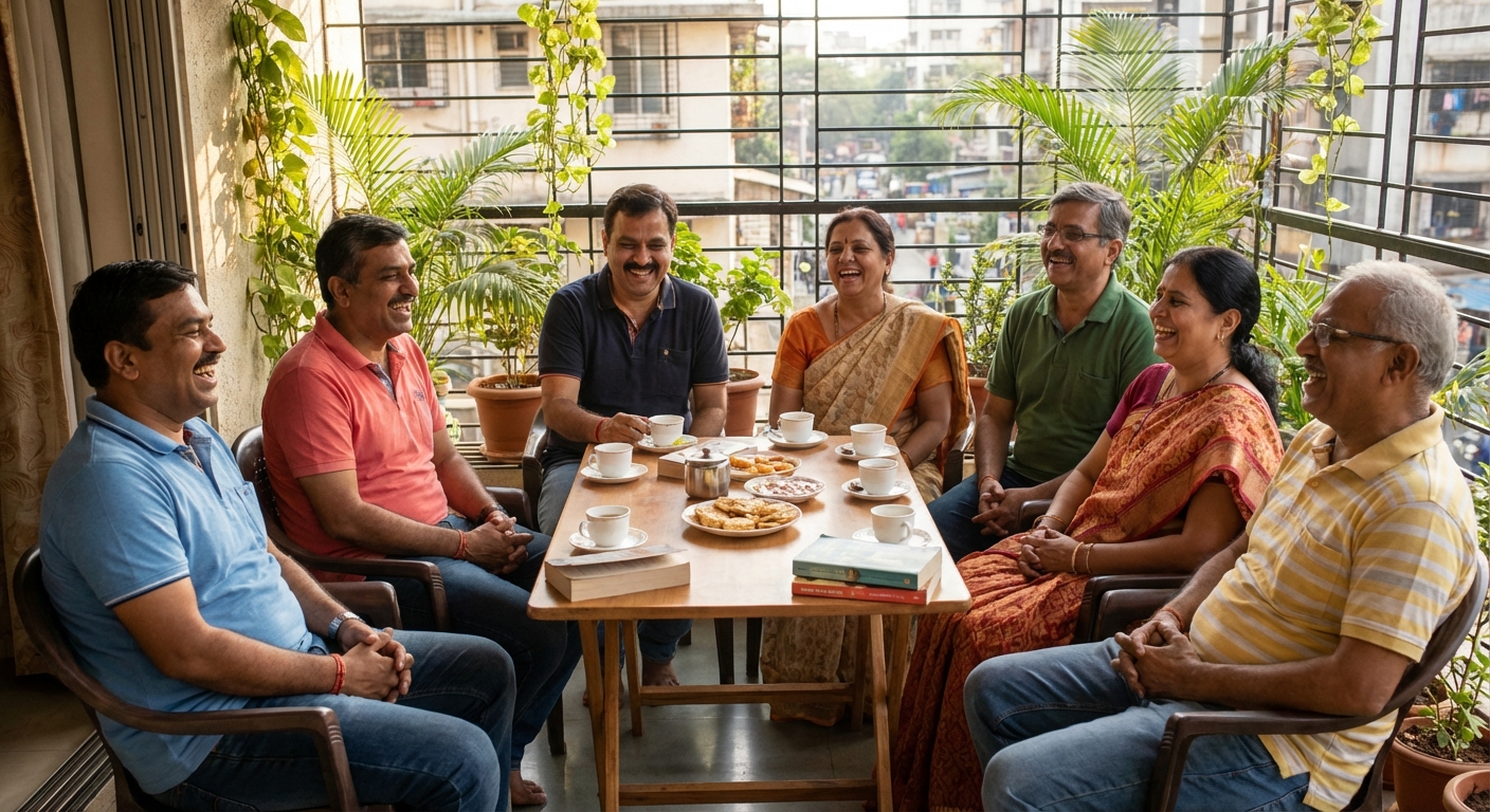 A diverse group of Indian adults laughing together at a weekend gathering