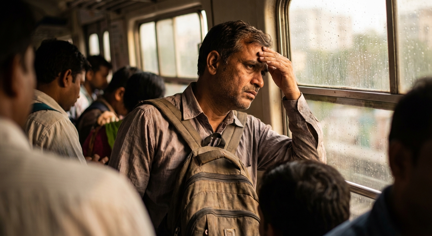 A man looking stressed while commuting home from work