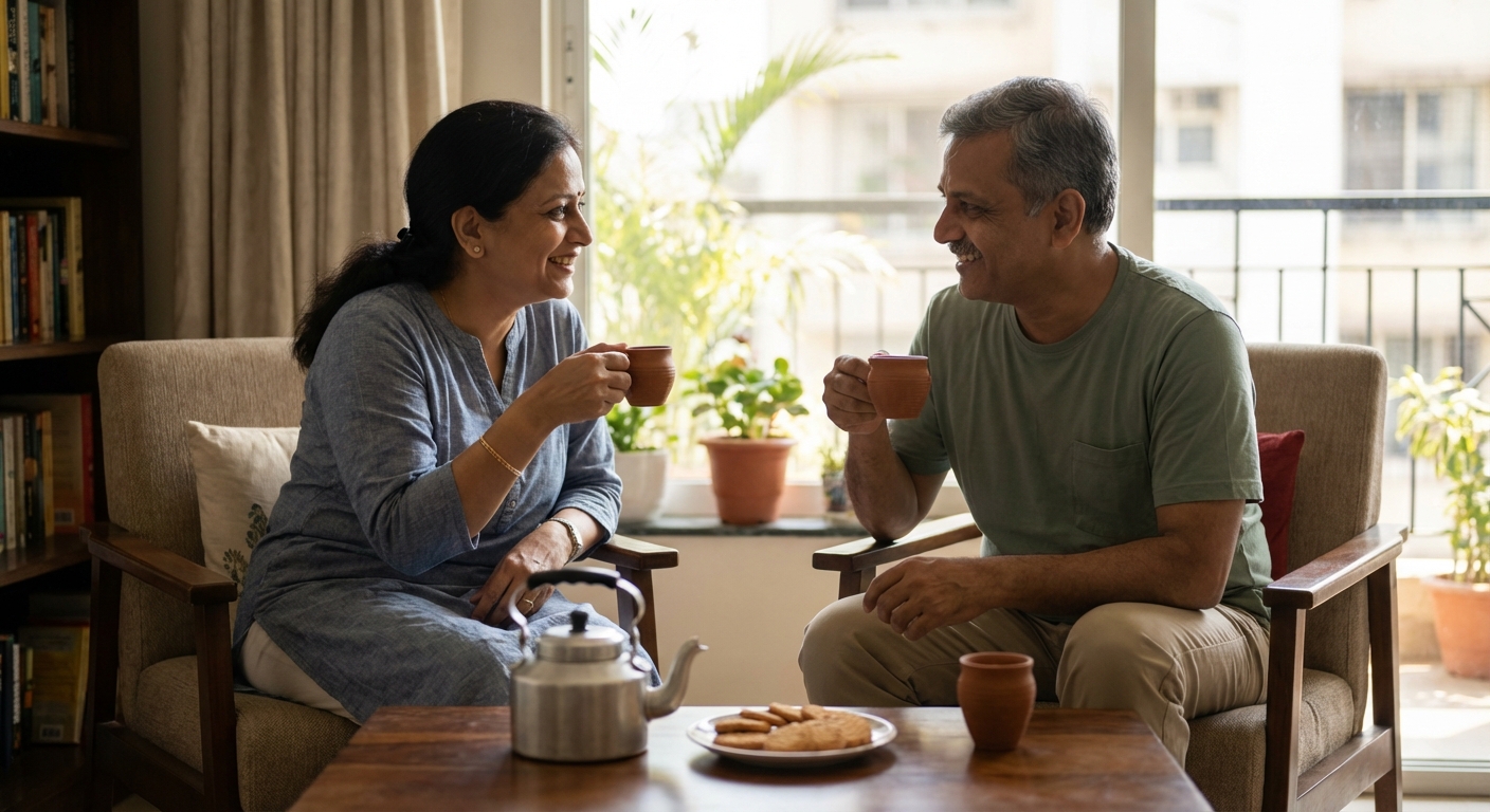 A couple having a calm, connected conversation over chai
