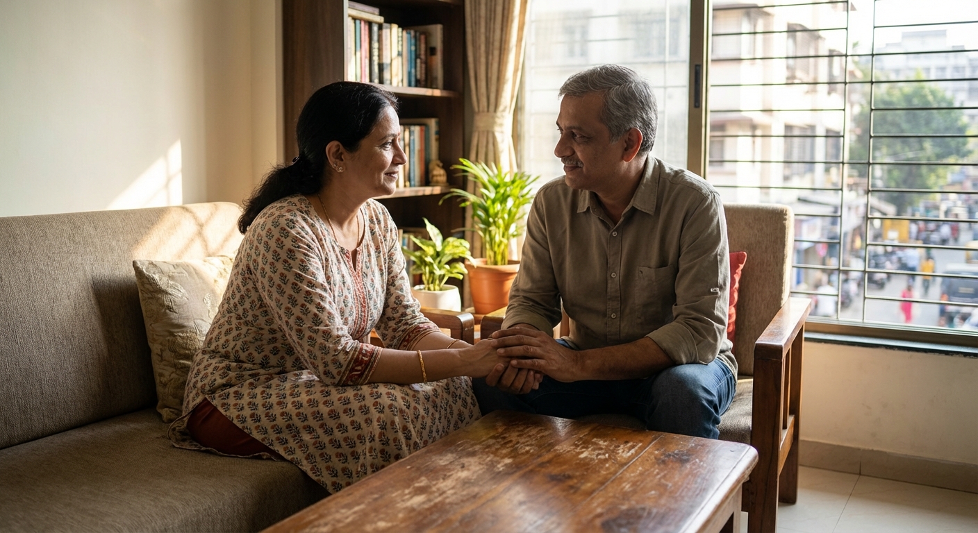 A couple reconciling, holding hands with expressions of understanding