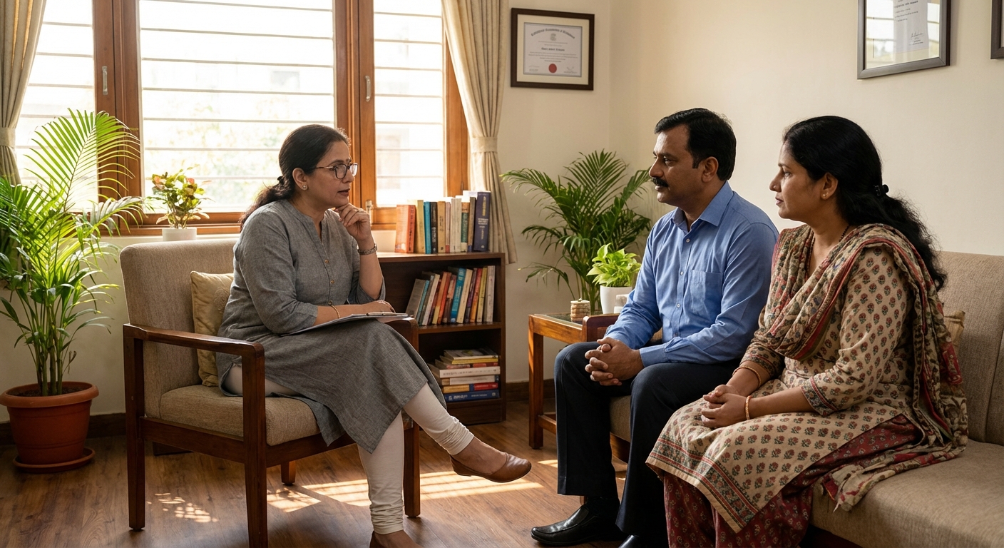 A psychologist's office with a couple engaged in therapy session