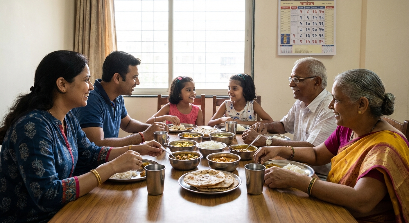 An Indian family having dinner together, with everyone engaged and phones kept away