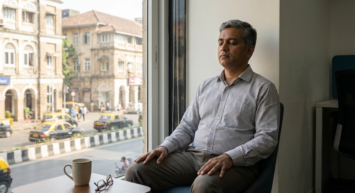 An Indian professional practicing mindfulness near a window during a work break