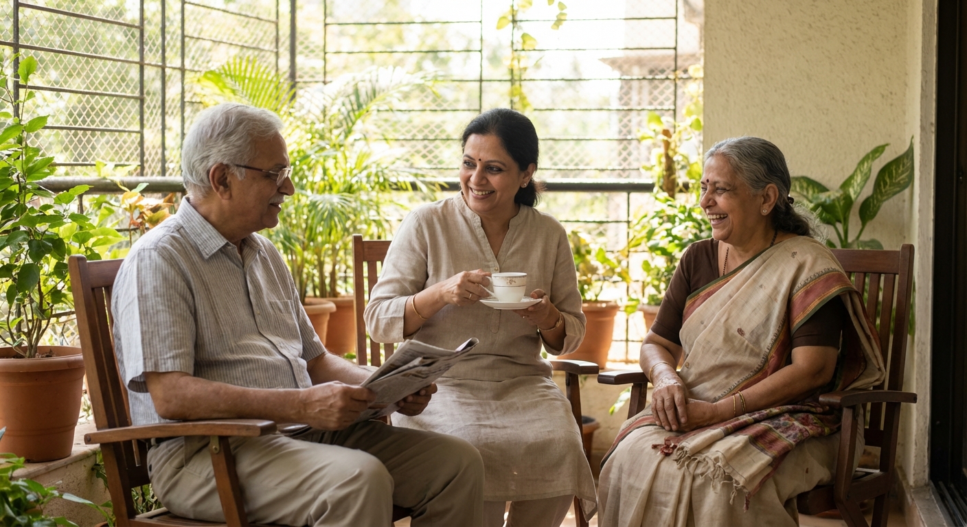 An Indian professional enjoying quality time with elderly parents in a garden or balcony setting