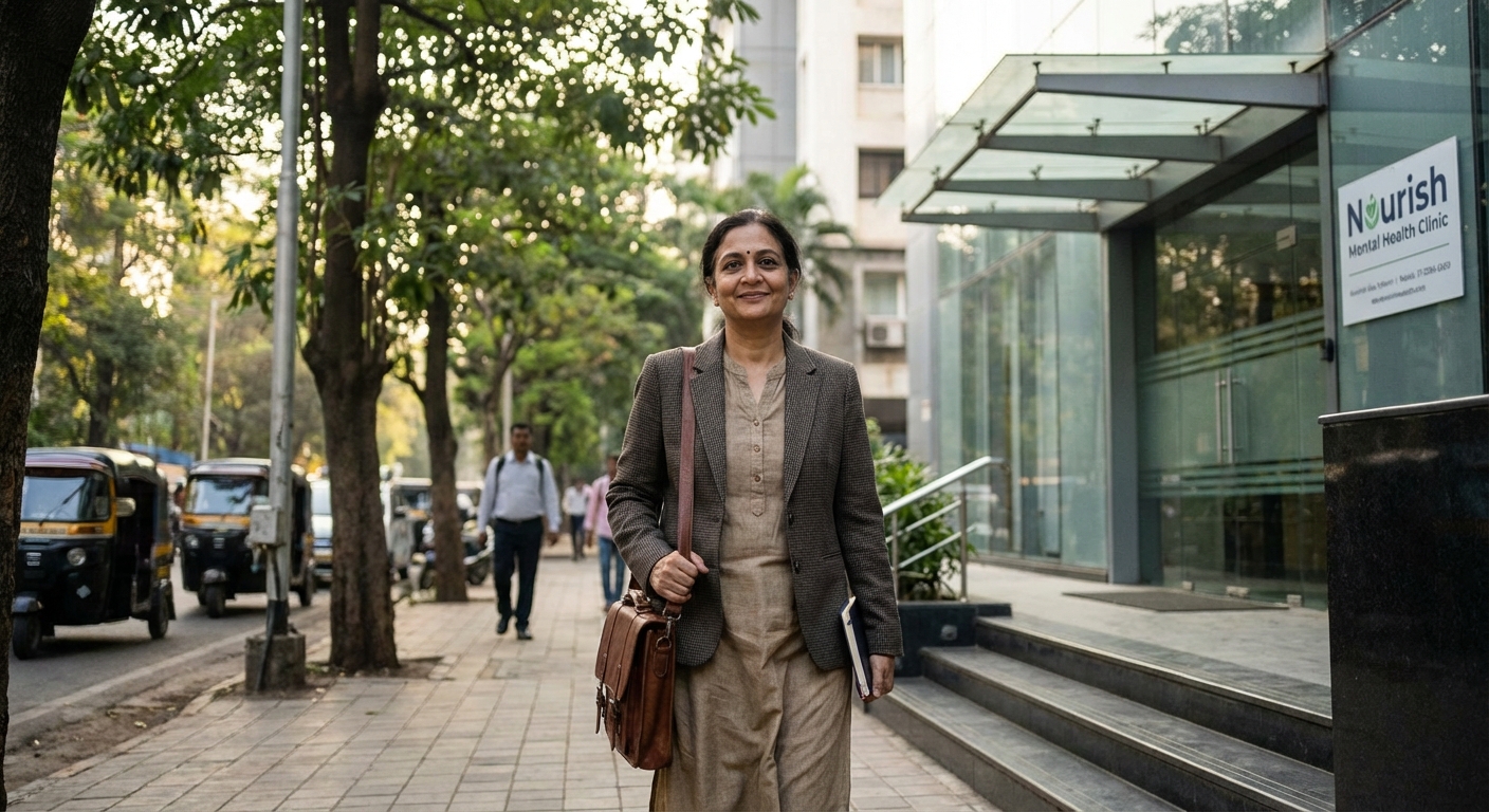 An Indian professional walking confidently towards their office with a sense of calm and purpose