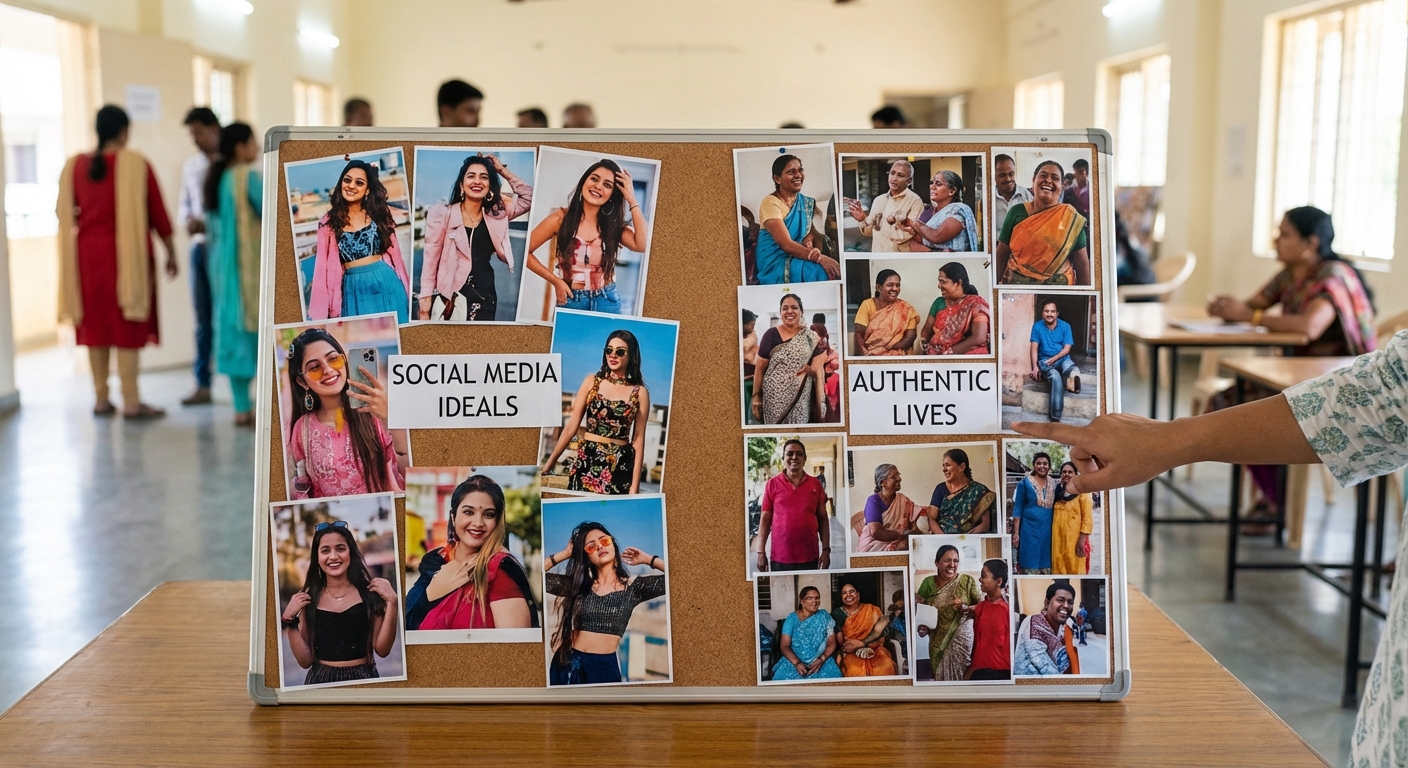 A collage showing contrast between unrealistic social media images and authentic, diverse body representations