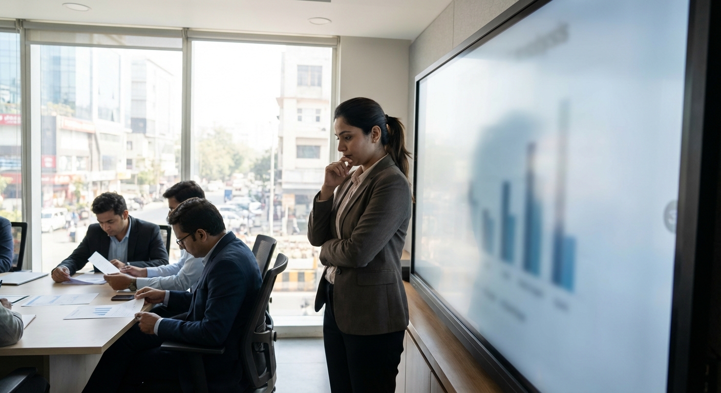 A professional woman looking hesitant near a presentation screen in an office setting, representing career impact of body image issues
