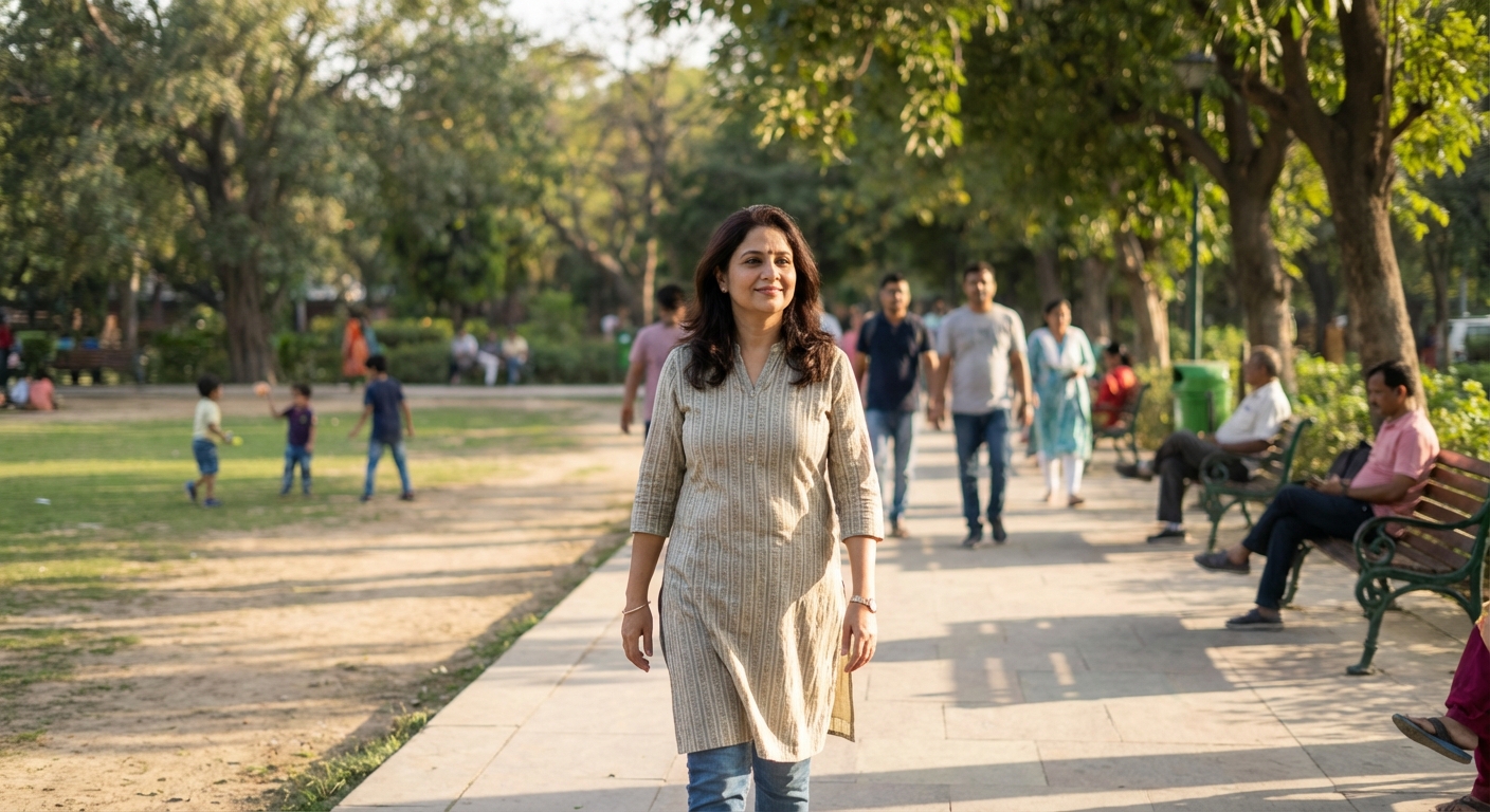 A confident person walking through a park with natural, relaxed body language and a peaceful expression