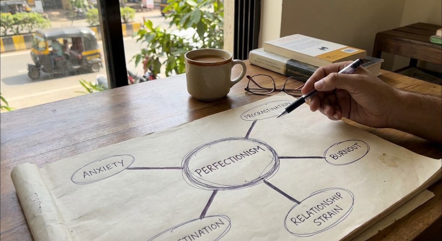 A mind map showing perfectionism at the center with branches extending to anxiety, procrastination, burnout, and relationship strain