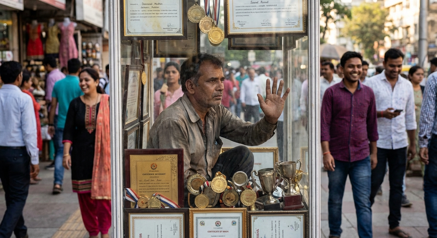 A person trapped inside a glass box made of gold medals, certificates, and trophies, looking longingly at people living freely outside