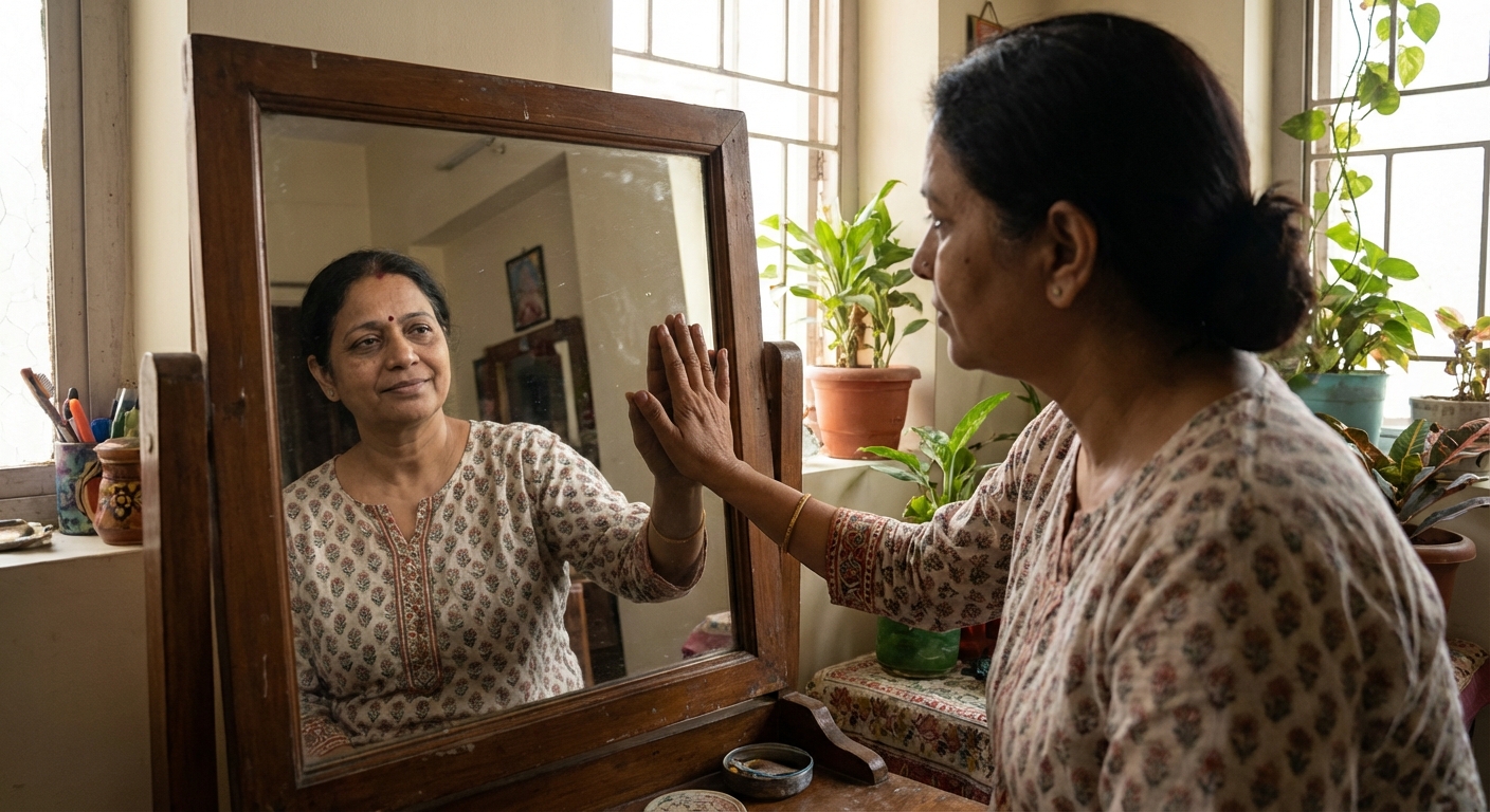 A person looking in a mirror, and their reflection is showing them compassion - perhaps the reflection has a softer expression and is placing a hand on the glass in a comforting gesture