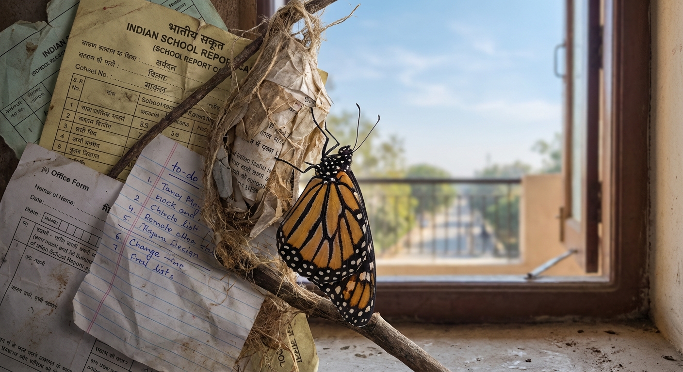 A butterfly emerging from a cocoon made of crumpled papers, report cards, and to-do lists, flying toward an open sky