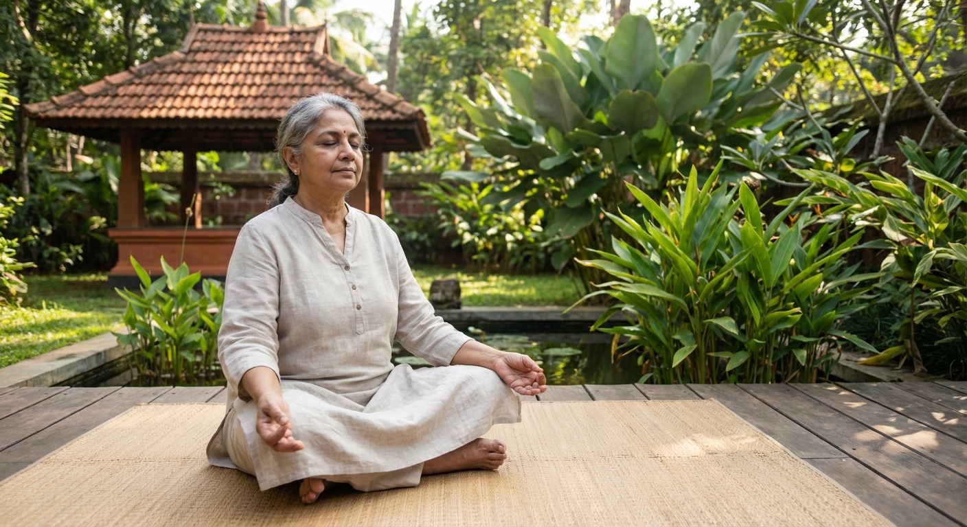 A person practicing mindful breathing in a serene setting