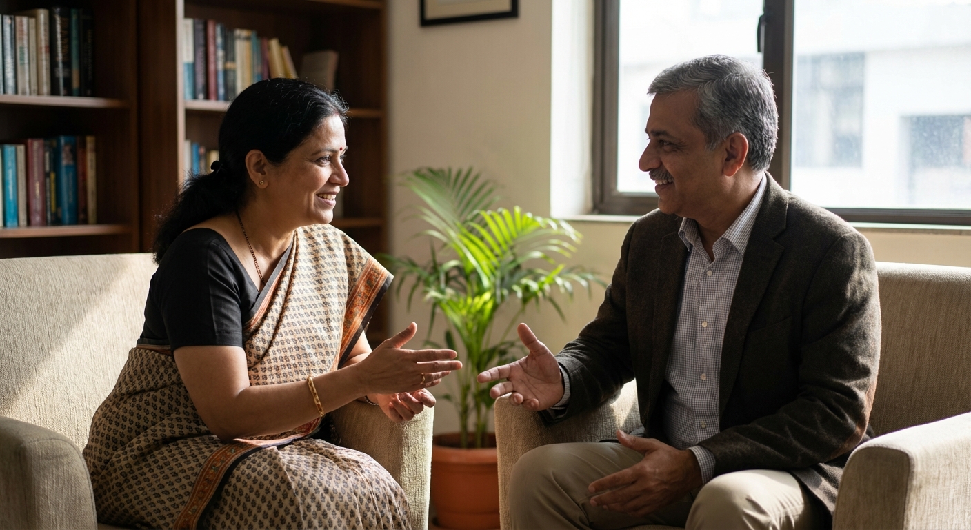 Two professionals engaged in meaningful conversation