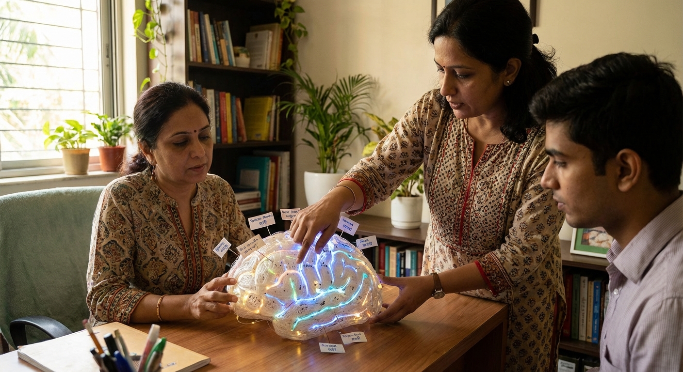 A brain illustration showing neural pathways forming through repetition