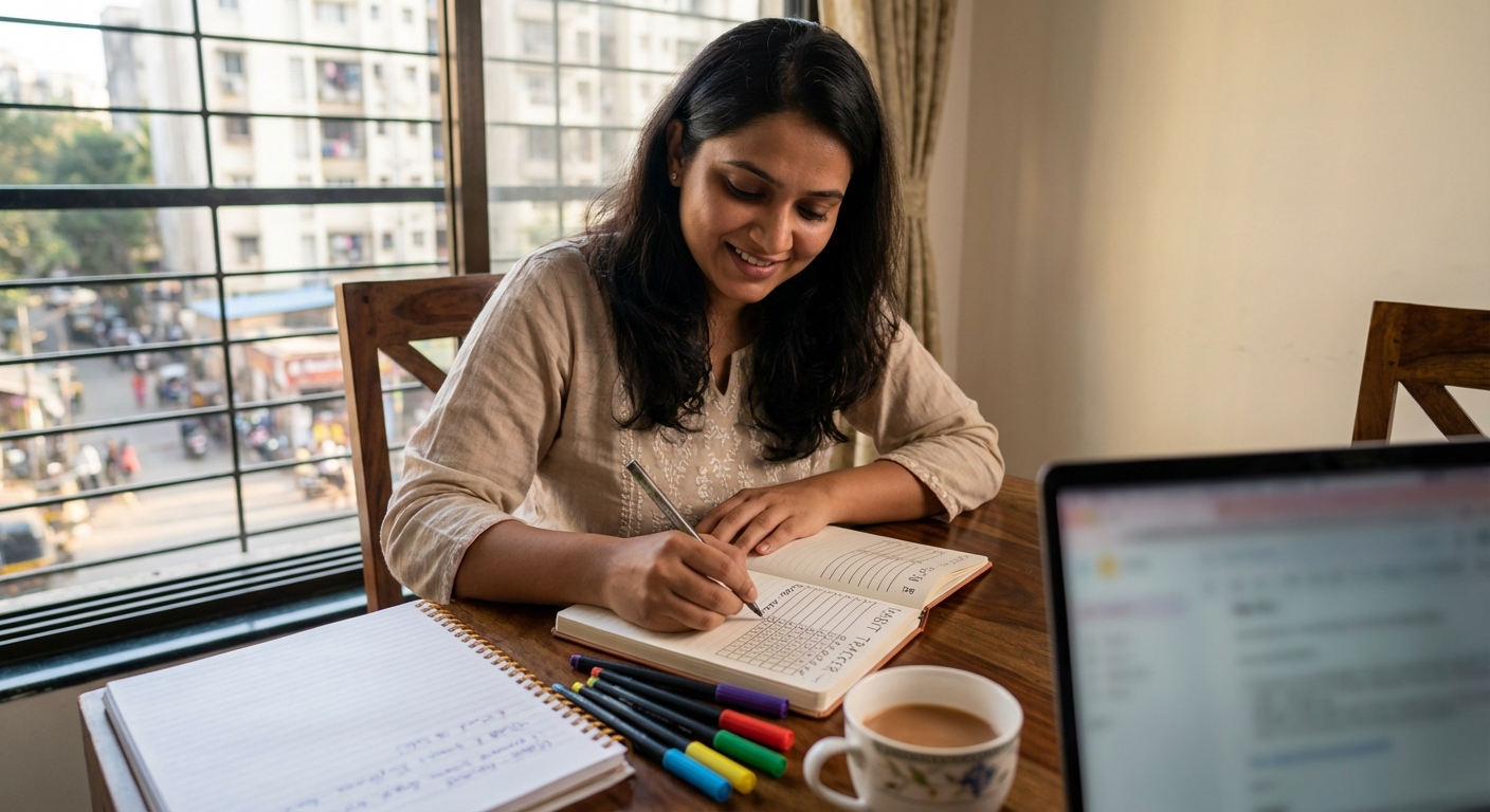 A person creating a visual habit tracker or journal