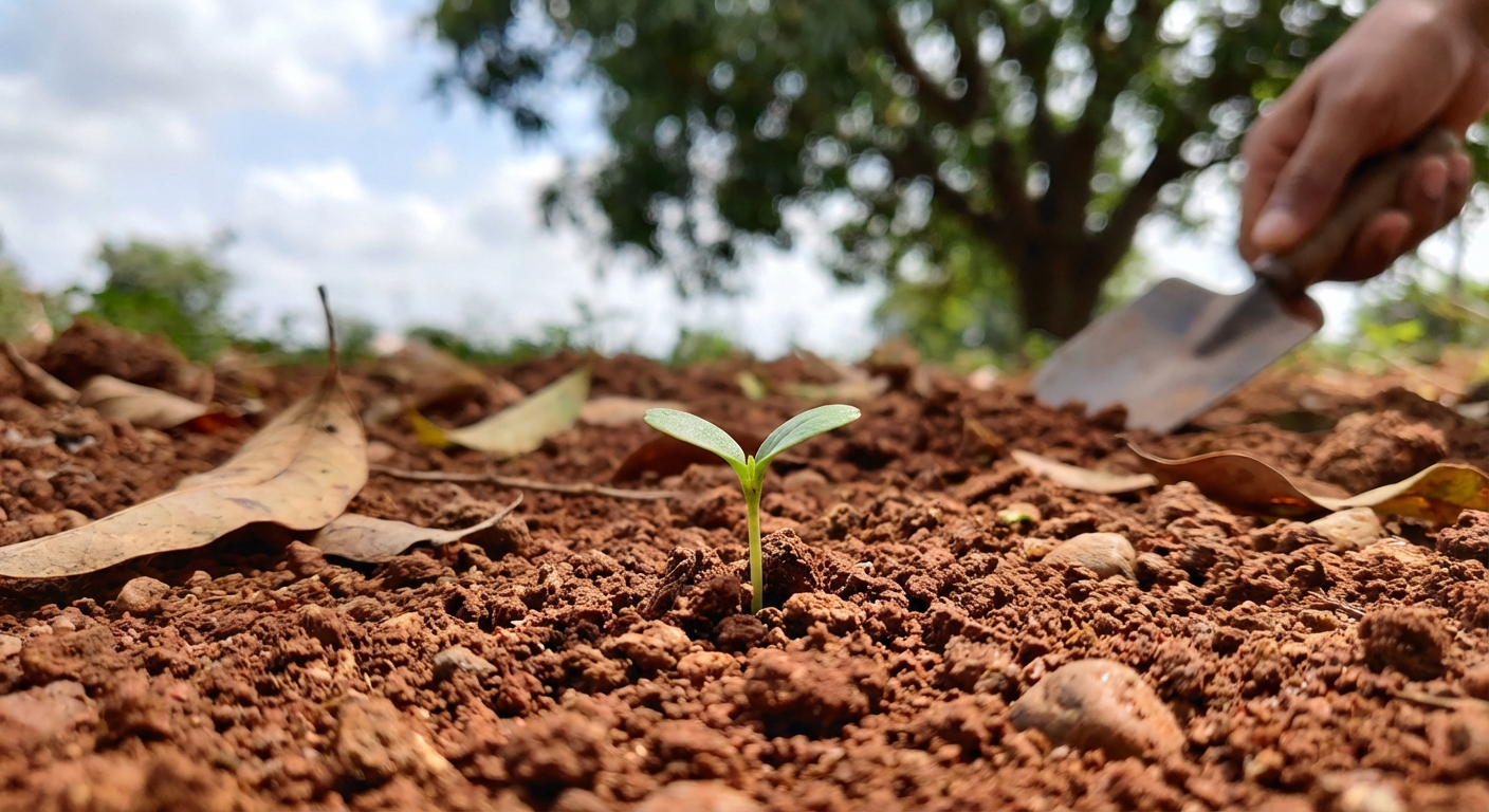 A small plant seedling growing from the ground representing small beginnings