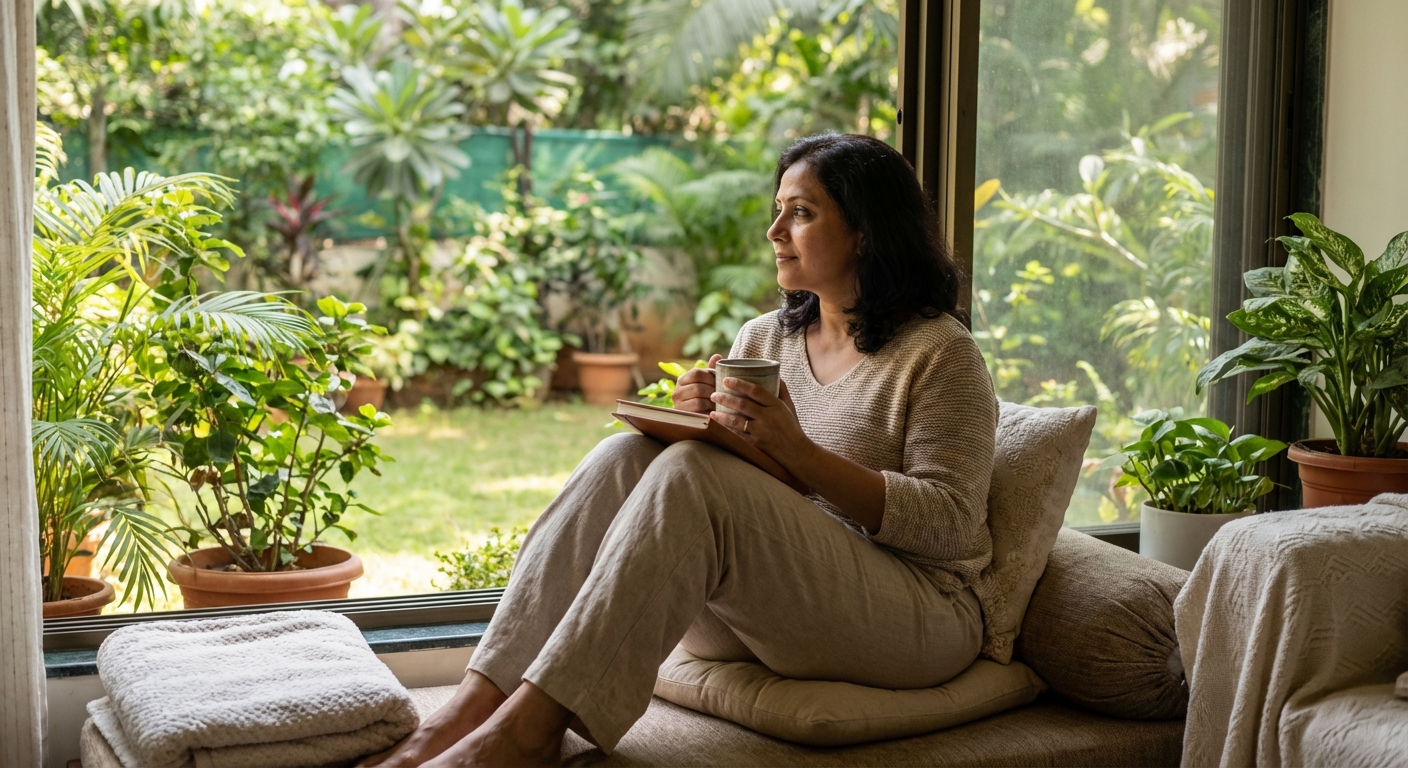 A person practicing self-care and reflection in a peaceful setting
