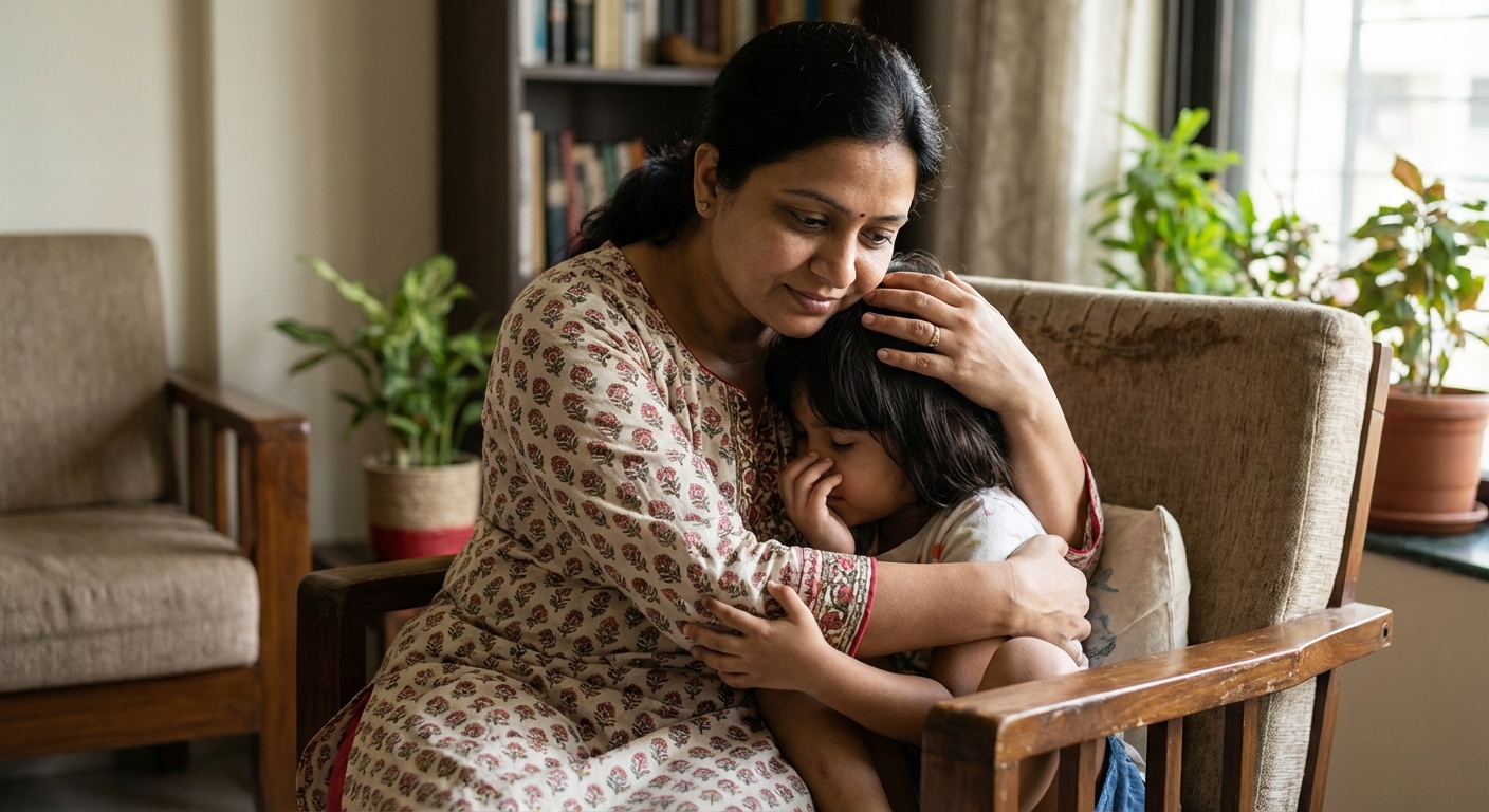 Child feeling safe in parent's embrace