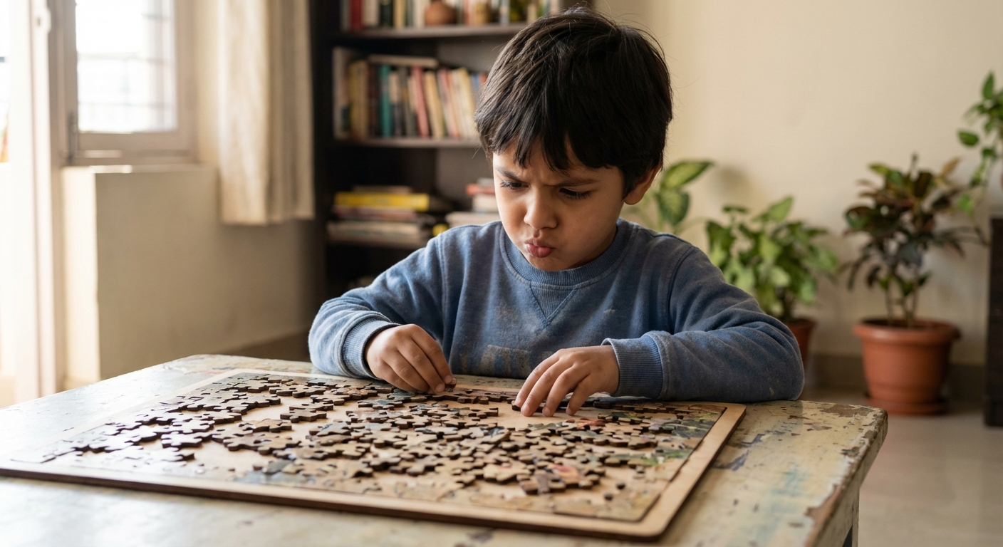 Child working on a challenging puzzle with determination
