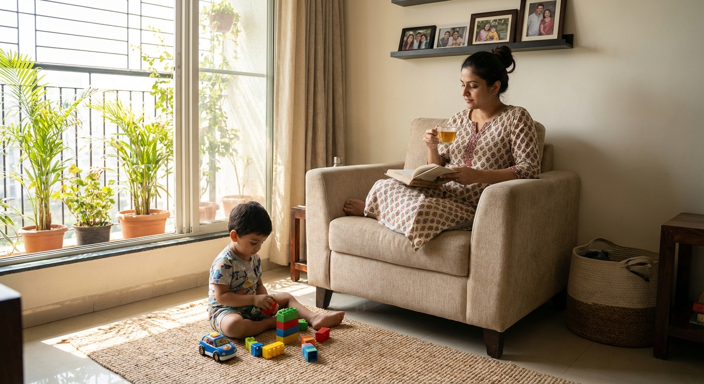 Parent practicing self-care while child plays nearby