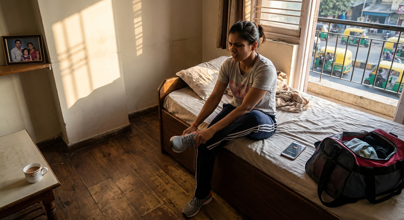 A person overcoming the temptation to stay in bed and choosing to exercise