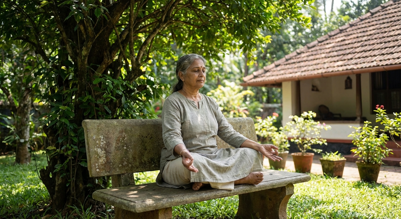 A person practicing mindfulness or self-reflection in a peaceful setting