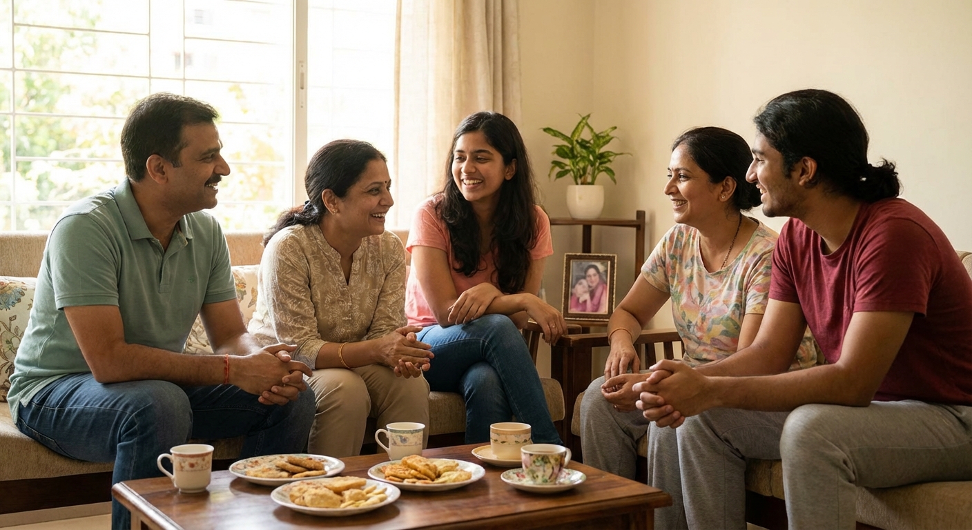 A supportive group of friends or family having a warm conversation