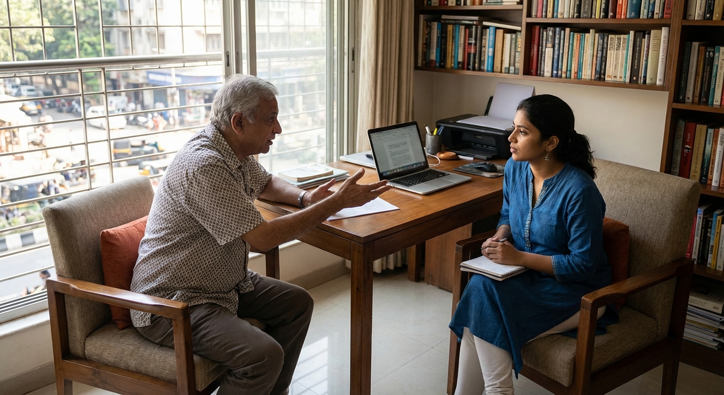 An Indian professional receiving guidance from a mentor in an office setting
