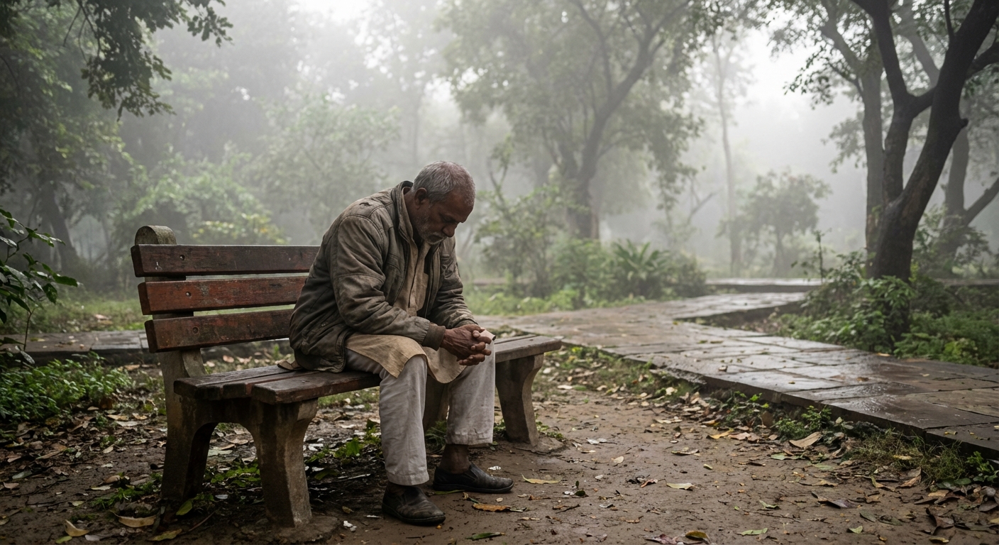 A person sitting alone on a bench in a misty garden, head bowed