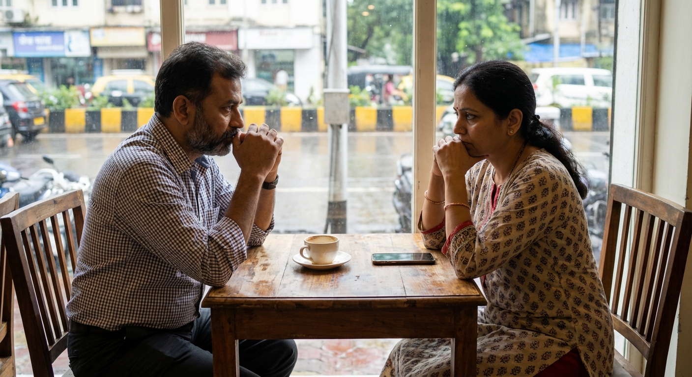 Two people sitting across from each other at a table, having a difficult conversation