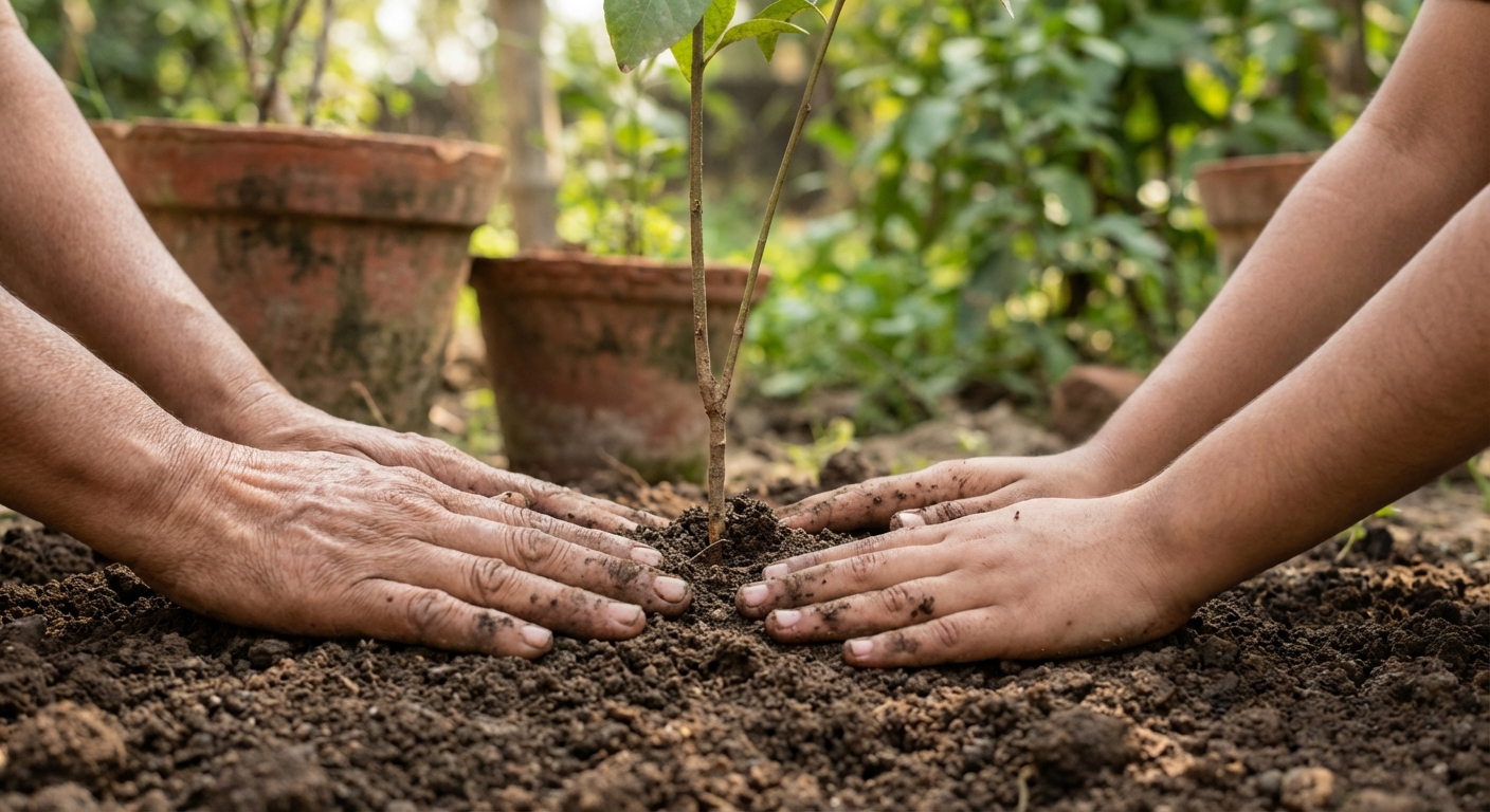 Two hands planting a small sapling together in rich soil