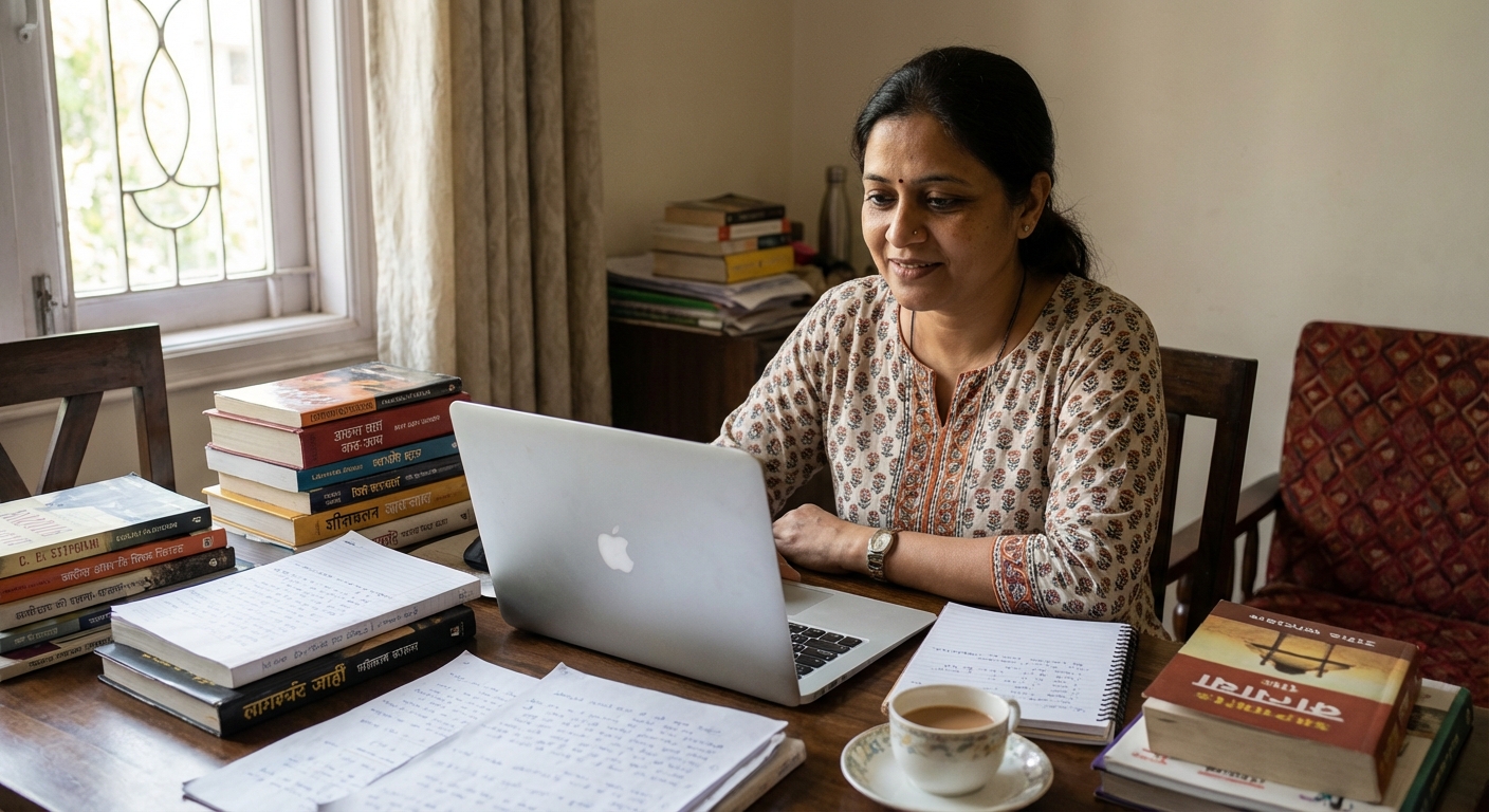A woman in her 40s learning new skills on a laptop, surrounded by books and notes