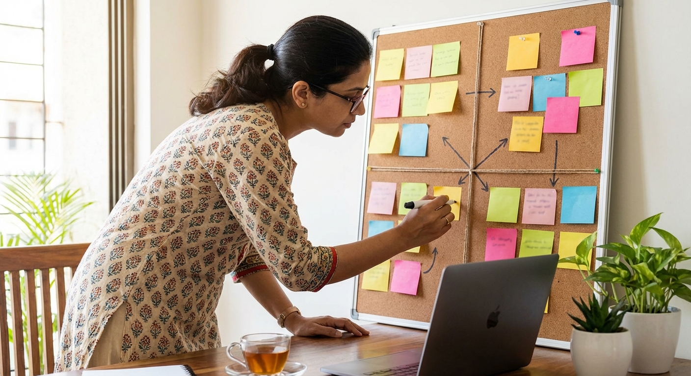 A professional organizing sticky notes on a board, mapping out skills and career options