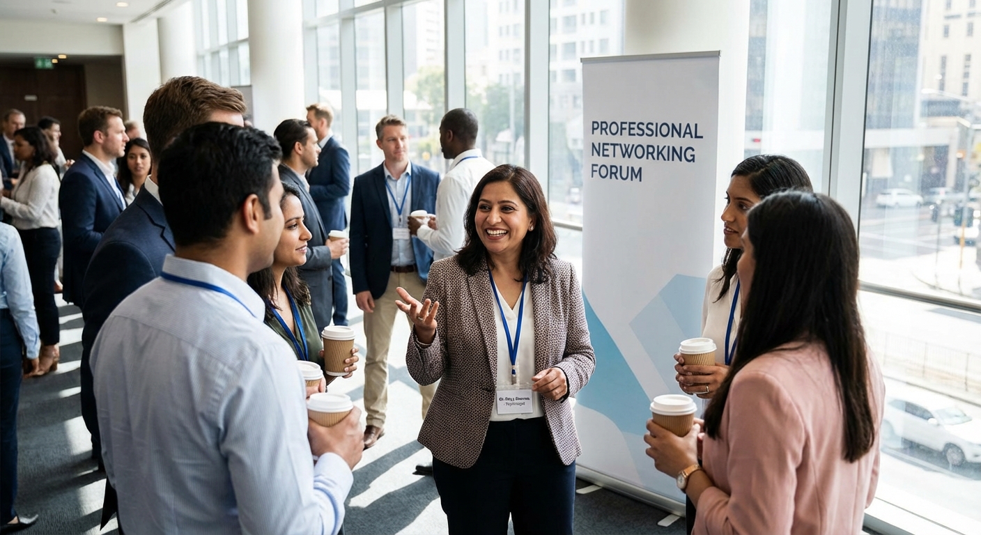 A person confidently presenting their new professional identity at a networking event