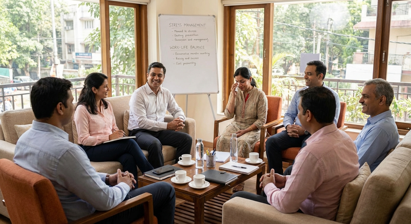 A diverse group of mid-career professionals in a supportive workshop or counseling setting