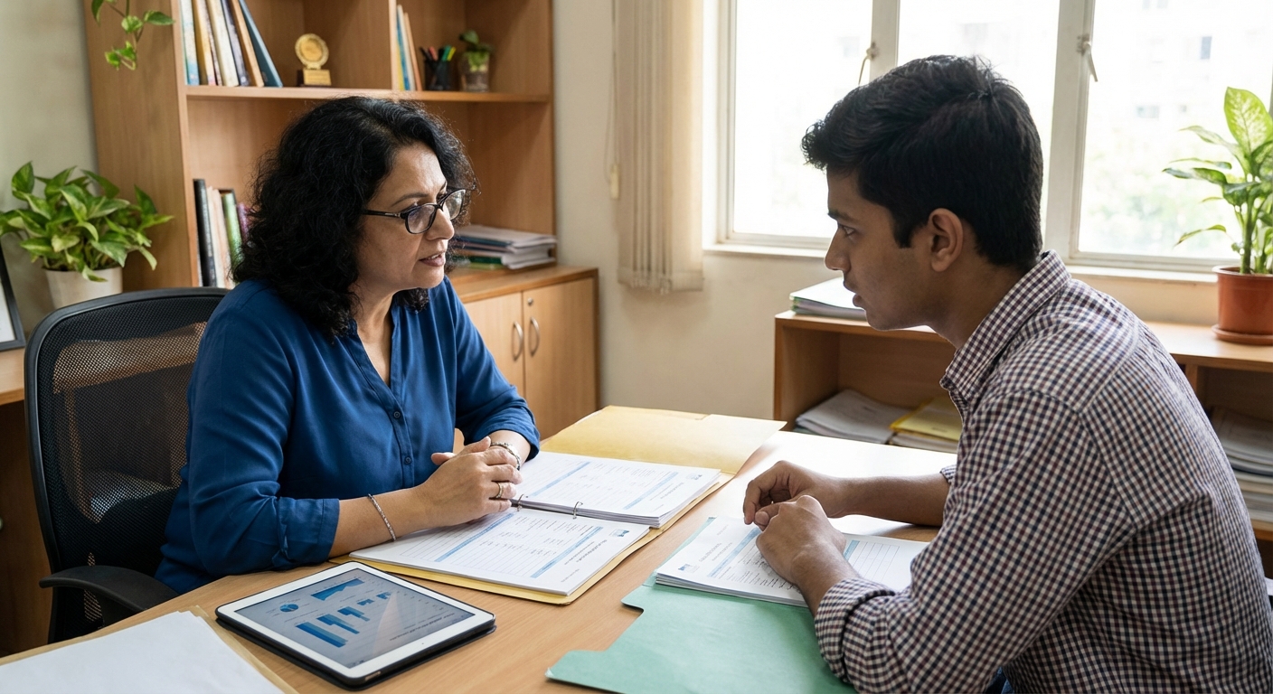 A professional counselor in discussion with a student, showing career assessment materials