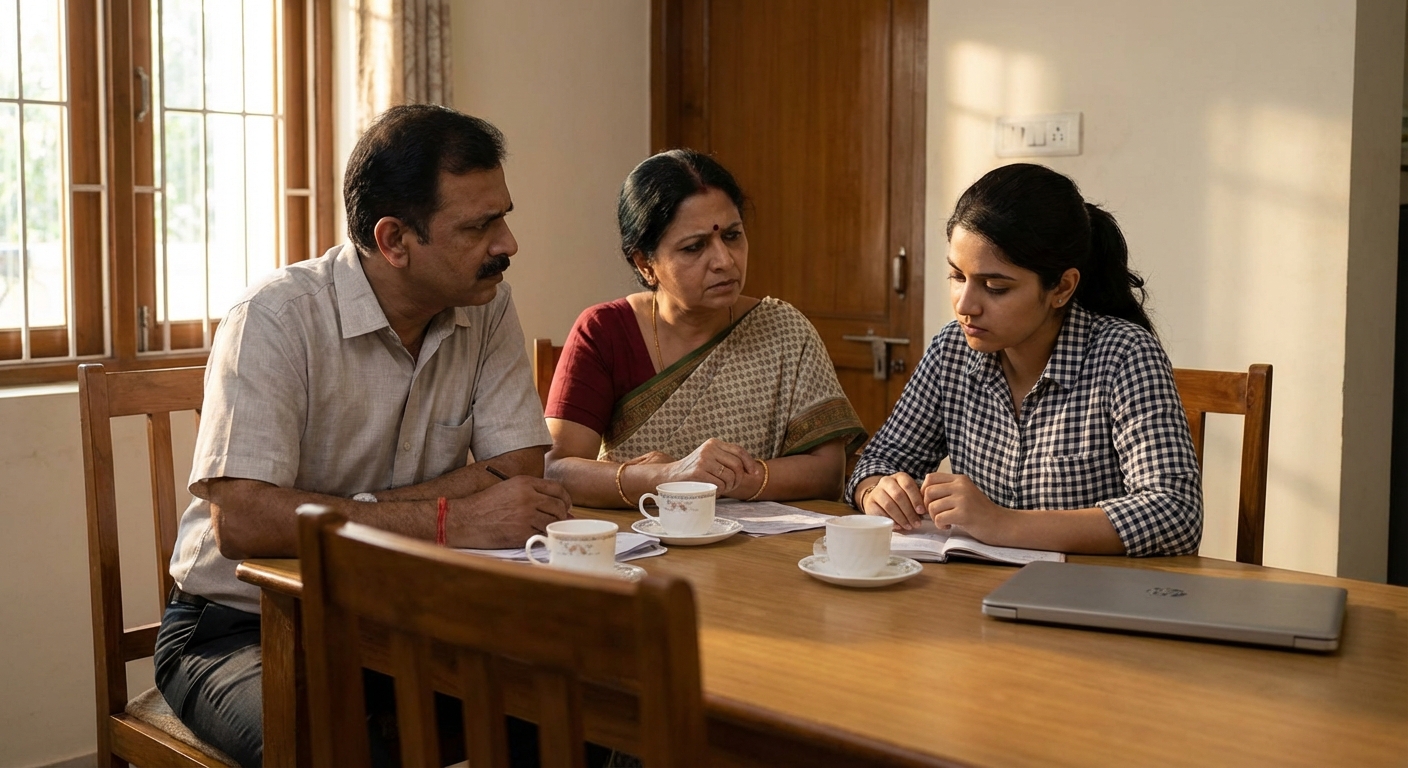 Indian family having a discussion around a dining table, with concerned parents and a thoughtful student