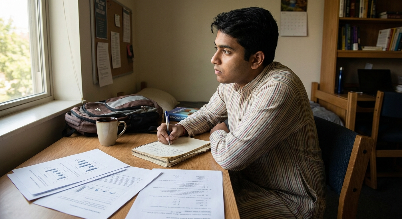 A student engaged in self-reflection, writing in a journal with assessment materials around them