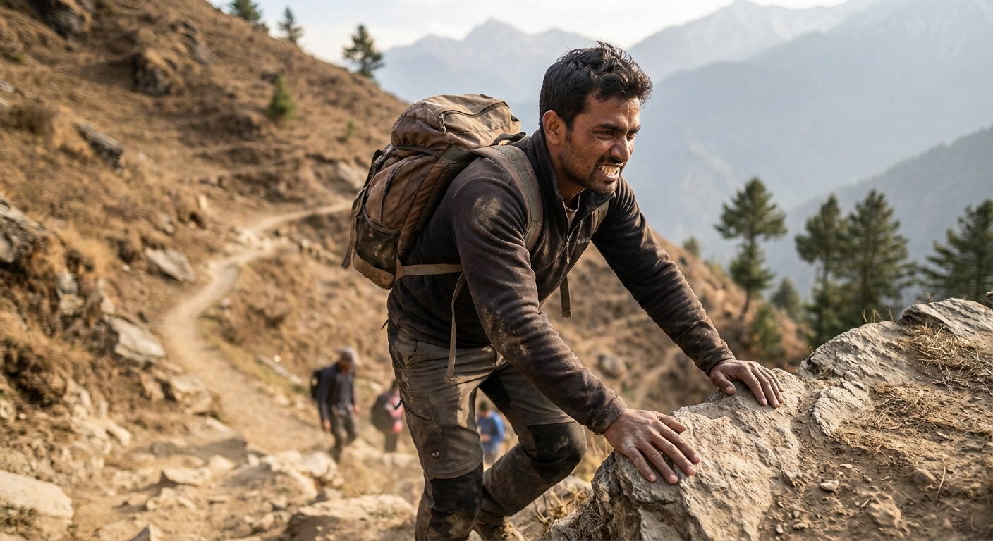 Person climbing steep mountain path with determination