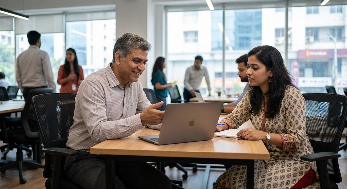 Workplace scene showing mentor and mentee in productive discussion