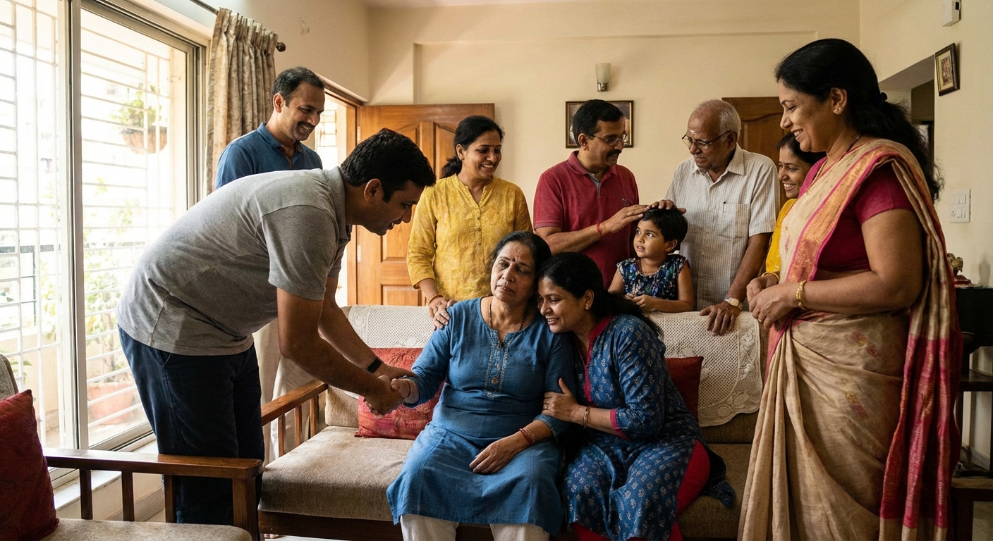 A support network of family and friends surrounding a caregiver