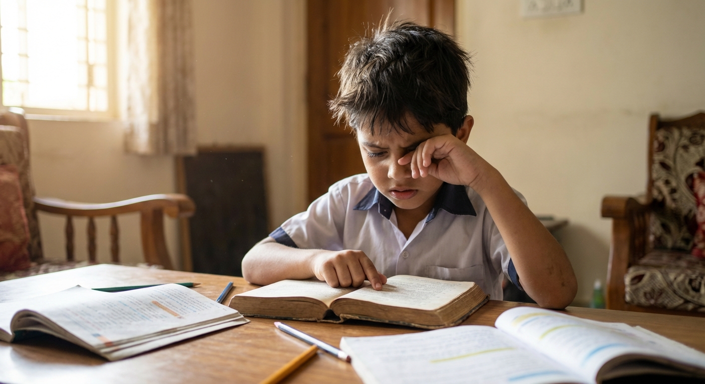 Child struggling with reading while letters appear jumbled