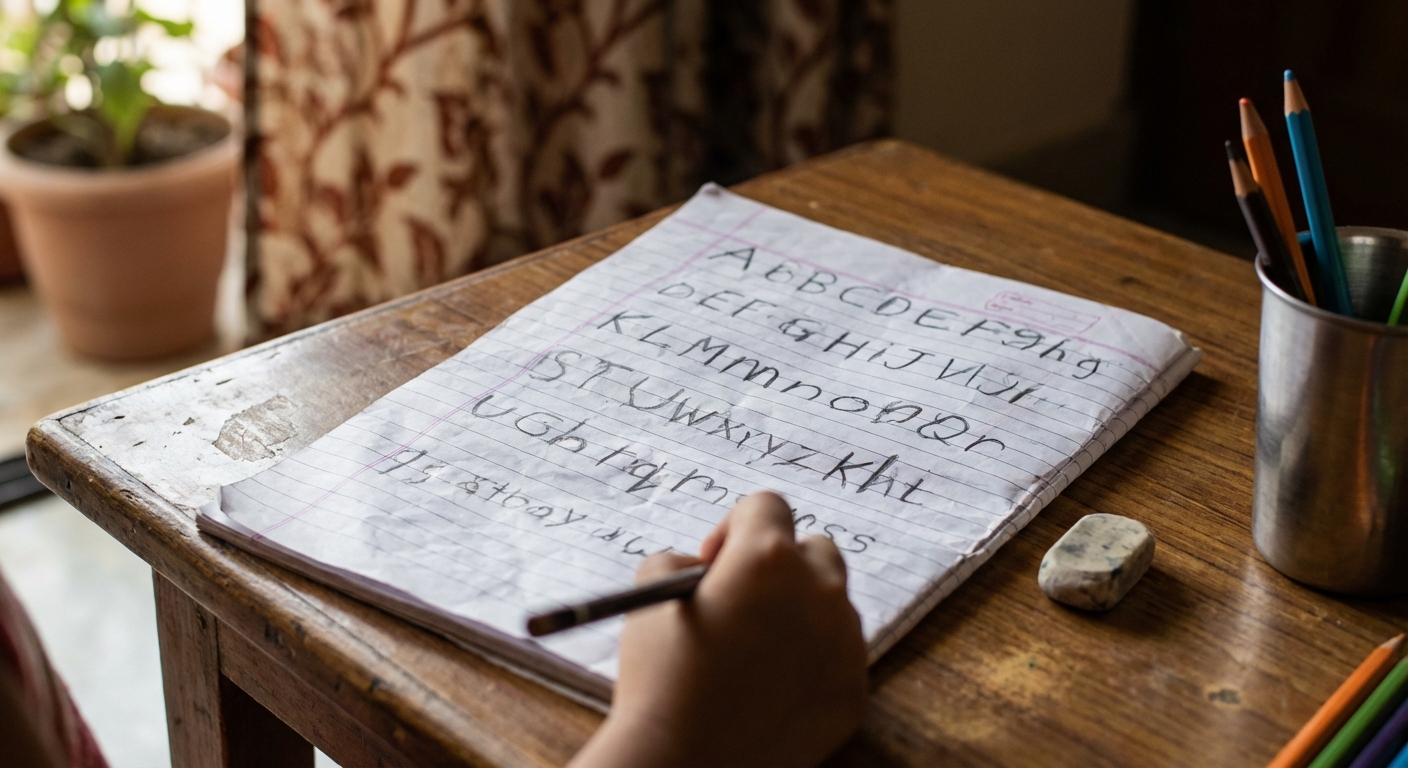 Child's handwriting sample showing inconsistent letters and spacing