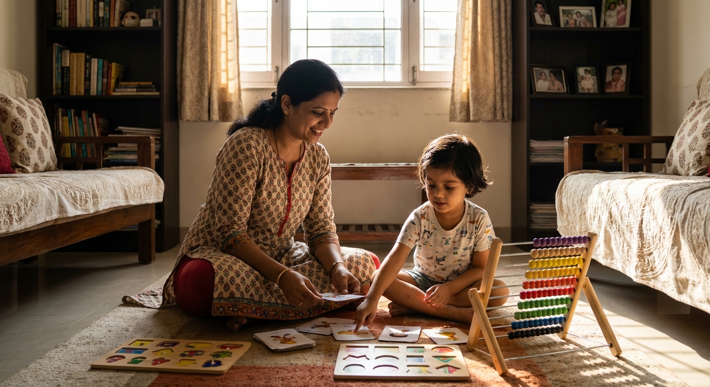 Parent and child using educational games and visual aids for learning