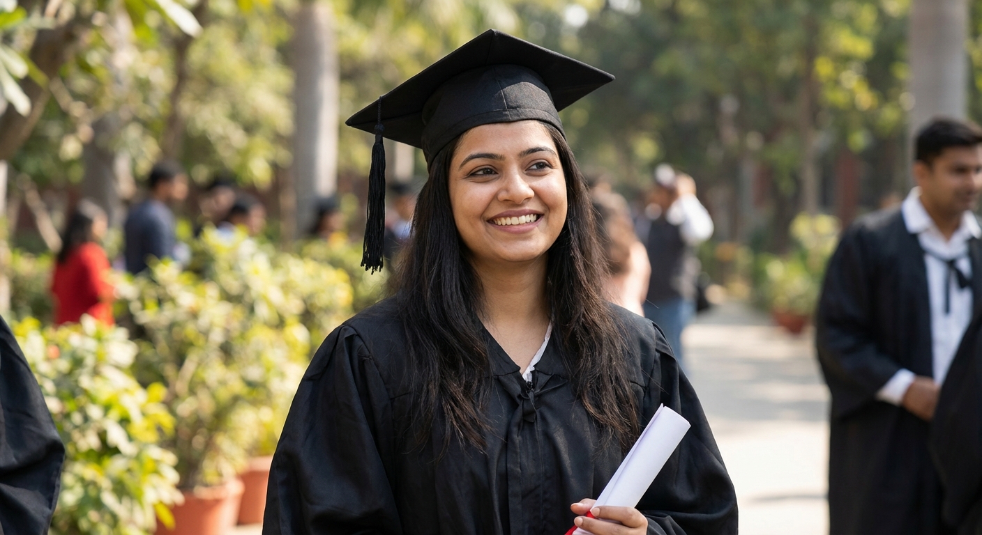 Confident young adult with graduation cap representing successful outcomes